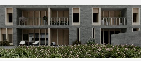 Modern grey apartment building with balconies, large windows, and a lush garden with blooming flowers in the foreground.