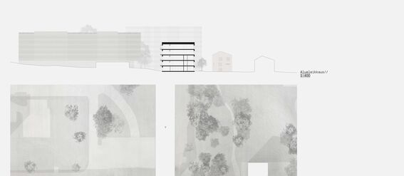 Architectural plans, textual information in Finnish, building schematics and 3D model images, aerial site view with labelled sections. Pictures are in black and white.