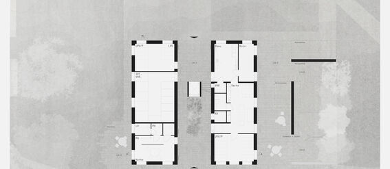Grey architectural floor plan showing two buildings, pathways, and greenery. Indoor areas include rooms labelled LWFP, LVW, and more.