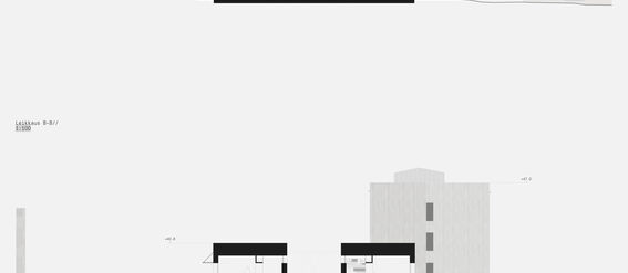 Architectural section drawings of a multi-storey building showing interior layouts and structural details. Pictures are in black and white.