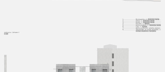 Two architectural plans show different elevations of a four-storey residential building with balconies and windows. Materials are listed in the text.