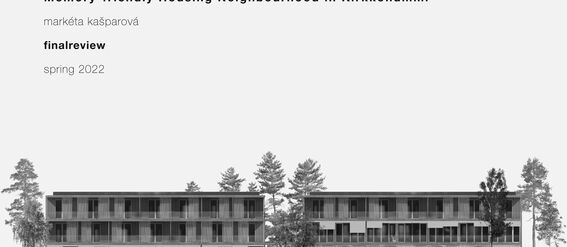 Design title: Memory-friendly Housing Neighbourhood in Kirkkonummi. Image shows modern buildings with trees in black and white.