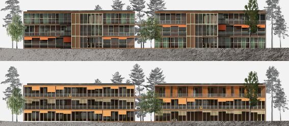 Three architectural facade drawings of modern buildings with varying window patterns, horizontal orange details and surrounded by trees.
