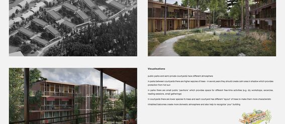 Four images show a residential area: black and white aerial view, courtyard with greenery, building with balconies, and colourful sketches.