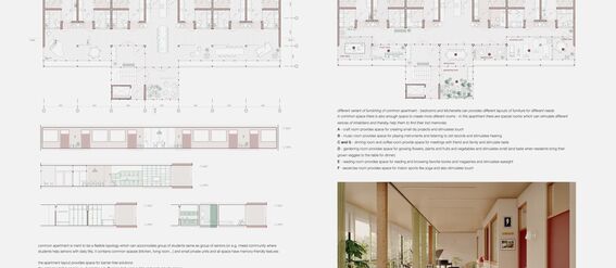 Architectural plans and renderings of communal apartment spaces, including shared living and dining areas, and rendering of interiors.