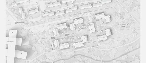 Architectural site plan with multiple buildings, playgrounds, and surrounding green areas. Roads, paths, and labels are visible.