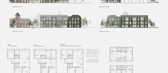 Architectural elevation drawings and floor plans of a green three-storey building, showing various layouts in grey and white.