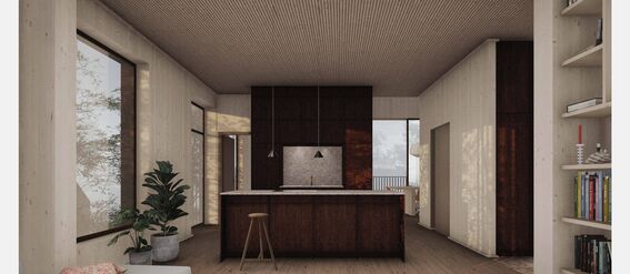 Modern kitchen with wooden flooring, large windows, island, bar stool, and indoor plants. Open shelves on the right.