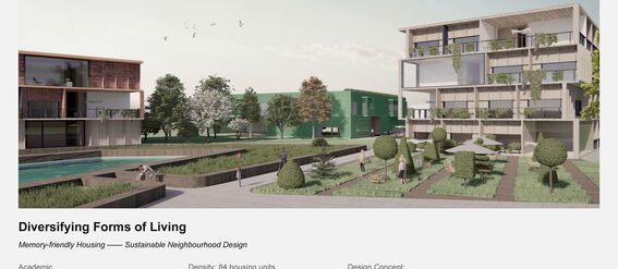 A modern apartment complex with green outdoor spaces, designed to be accessible and memory-friendly. People are walking and sitting.