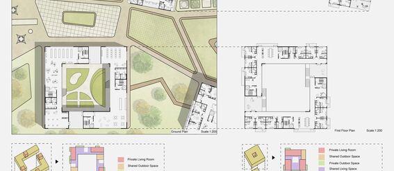 Architectural plans include floor layouts, outdoor spaces, community centre, and living areas with detailed diagrams.