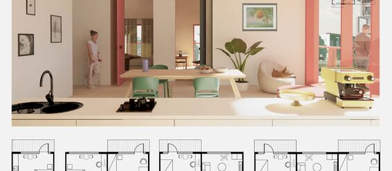 Modern kitchen with light-coloured cabinets, seating area, plant, yellow coffee machine, and hanging lights. Floor plans below.