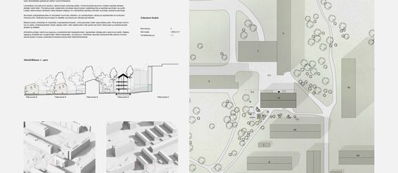 Architectural drawings of a residential area, including a site plan, building section, and 3D models.
