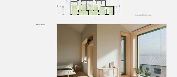 Interior of a sunlit bedroom with a double bed, wooden furniture, large windows, and an architectural floor plan above with shadow study.