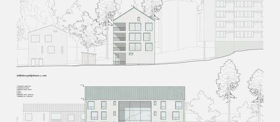 Architectural elevations of a building showing the east and north facades, surrounded by trees and other structures.