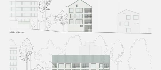 Architectural elevation drawings showing the front and side views of two buildings amidst trees.
