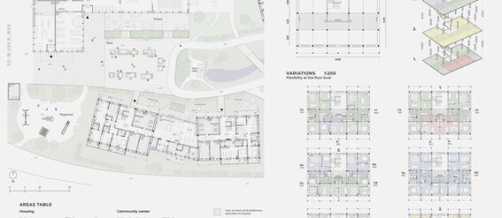 Architectural floor plan for an apartment building with variations. Includes diagrams of the concept and an areas table. 