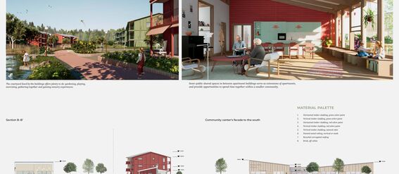 Two images show green courtyard with pathways and pond, and a communal indoor space with red walls, wooden roof beams and large windows. Section and facade illustrations are displayed below.