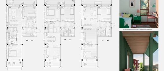 Three floor plans of three-room apartments with furniture layout, and two photos showcasing interior and balcony views.