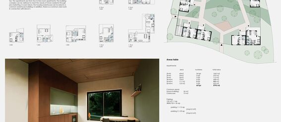 A collage showing various floor plans of apartments, a site plan and an interior photo of a modern kitchen with dining area.