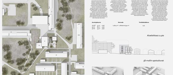 Architectural site plan with building layouts and descriptions. Includes section view, white 3D model images and text.