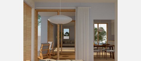 Modern open-plan living room with wooden furniture, white curtain, and large windows showing greenery outside.