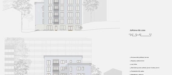 Architectural elevations of a five-storey building with trees on either side. The facade features balconies and numerous windows.