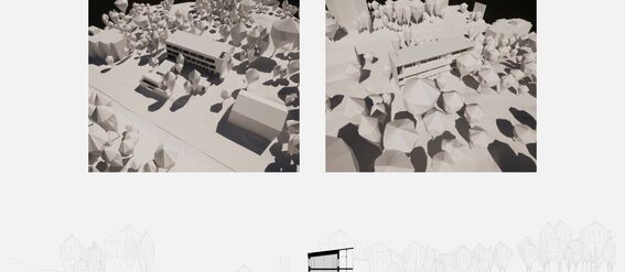 Architectural render of a building in a forested area with cross-sectional views of its structure. Pictures are black and white.