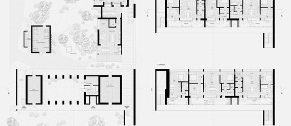 Architectural floor plans of a building, including ground, first, and second floors, drawn in detailed black lines. Ground floor plan shows surrounding outdoor areas.