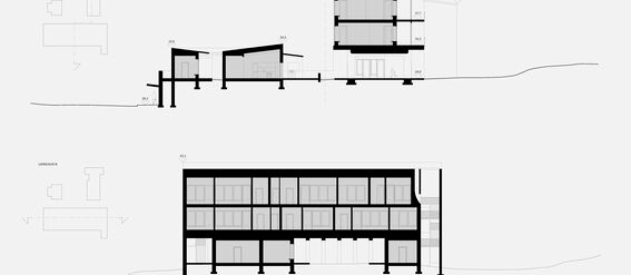 Architectural section plan of a multi-level building showing rooms, floors and structural details. Picture is black and white.
