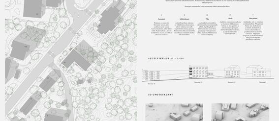 Architectural site plan with building layouts and placements, text descriptions, a section cut diagram, and 3D views of the area. Pictures are in black and white, and trees are drawn in green.