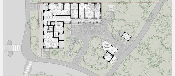 Architectural floor plan of the second floor with pathways and trees surrounding it.