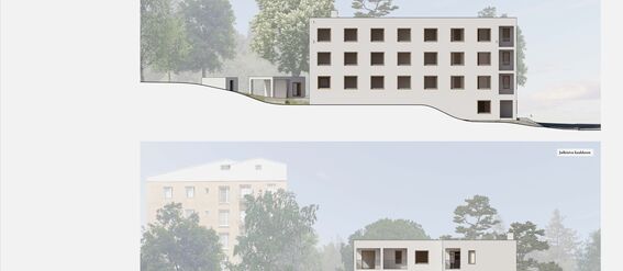 Two architectural elevation drawings of a modern four-storey building with trees in the background.