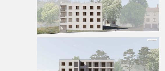 Two architectural facade renderings of a modern, minimalist four-storey apartment building, surrounded by trees and greenery. List of materials included.