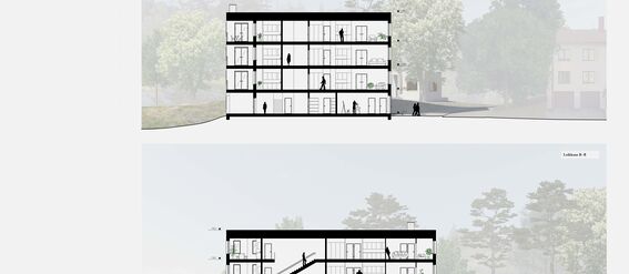 Architectural cross-sections of a four-storey building with various rooms and staircases, surrounded by trees and buildings.