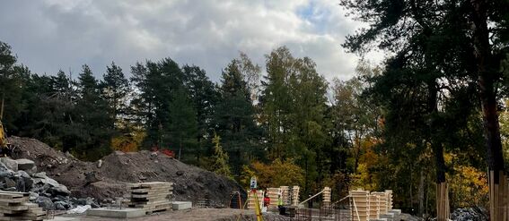 Construction site with various building materials and equipment, surrounded by autumn trees under a cloudy sky.