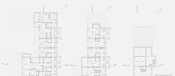Architectural floor plans of three floors showing rooms, staircases, and entrances with detailed measurements.