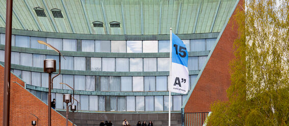 Aalto 15 years blue flag floating in front of outside amphitheatre. A group of people are gathered on the steps.