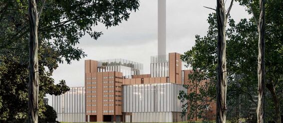 Tall industrial building with a chimney, surrounded by trees and a park. Black and white figures running in the foreground.