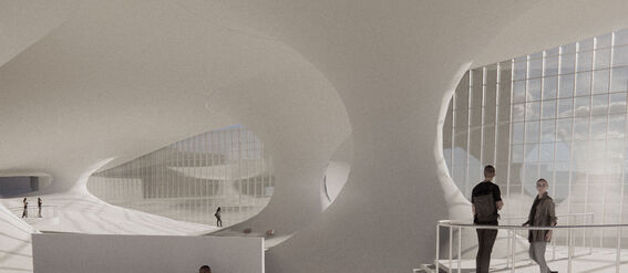 Modern, open-space interior with organic shapes. People interacting in a white room with large windows and soft curves.