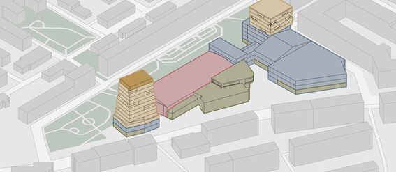 Illustrated map highlighting buildings in different colours, surrounded by roads and other structures.