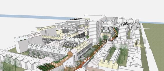An architectural drawing of a neighbourhood with mixed residential and commercial buildings alongside green areas.