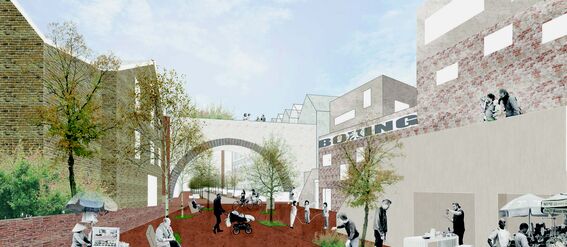 A busy street scene with people walking, sitting, and browsing stalls. Brick buildings and an archway in the background.