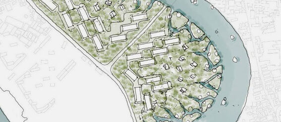 Map of a green urban area enclosed by a winding river. Several building blocks and tree patches are shown.