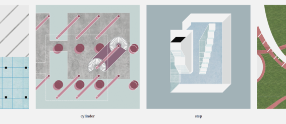 Four abstract designs. Patch: grids and stripes. Cylinder: circles and lines. Step: stairs. Circle: curved paths on grass.