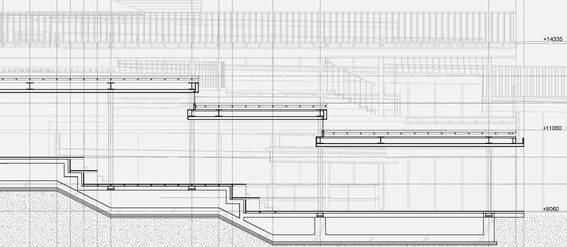 Architectural section drawing of a kindergarten design with levels and measurements in metres.
