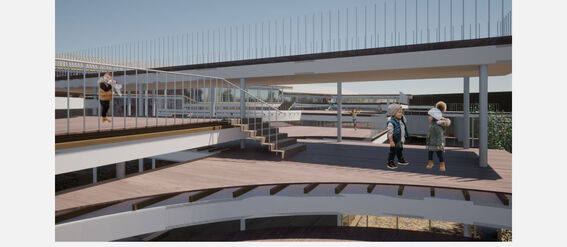 A modern kindergarten design with outdoor terraces. Children and adults are seen enjoying the space under clear skies.