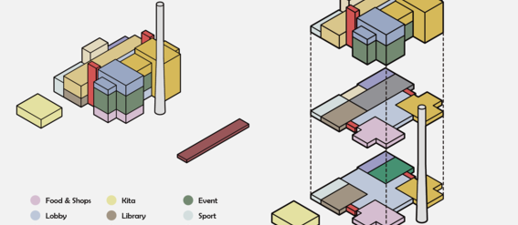 3D building diagram showing various functions like hotel, office, lobby, and more. Legend explaining colours included.