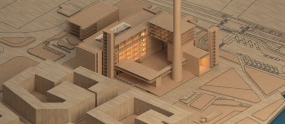 A wooden architectural model with illuminated buildings and a tall chimney. The water is visible in the bottom corner.