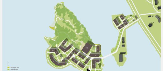 A map shows a detailed plan of an area with buildings, roads, trees, and various green spaces surrounded by water.