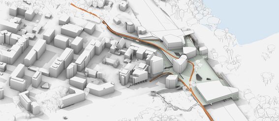 A 3D map showing buildings with an orange path cutting through, leading to a bridge over a river and a lake nearby.